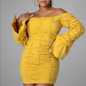 Stretchy Denim Ruched Off Shoulder Mini Dress